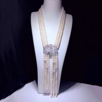 20 21 natural 7 8mm white pearl 3 strands white round pearl necklace cz connector