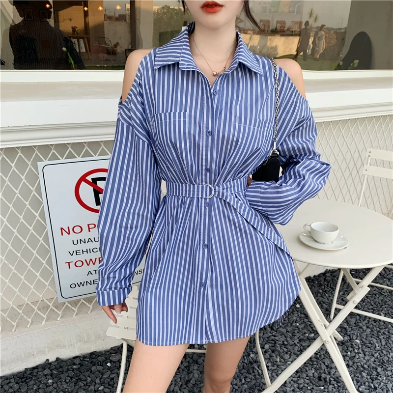 

Long Sleeve Striped Hollow Out Loose Tops Korean Version Off Shoulder Blouses Women's Clothing Shirts New Blusas Mujer De Moda