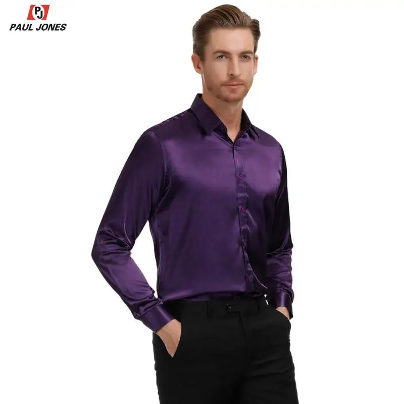 Мужская приталенная атласная рубашка PAUL JONES Однотонная с длинным рукавом
