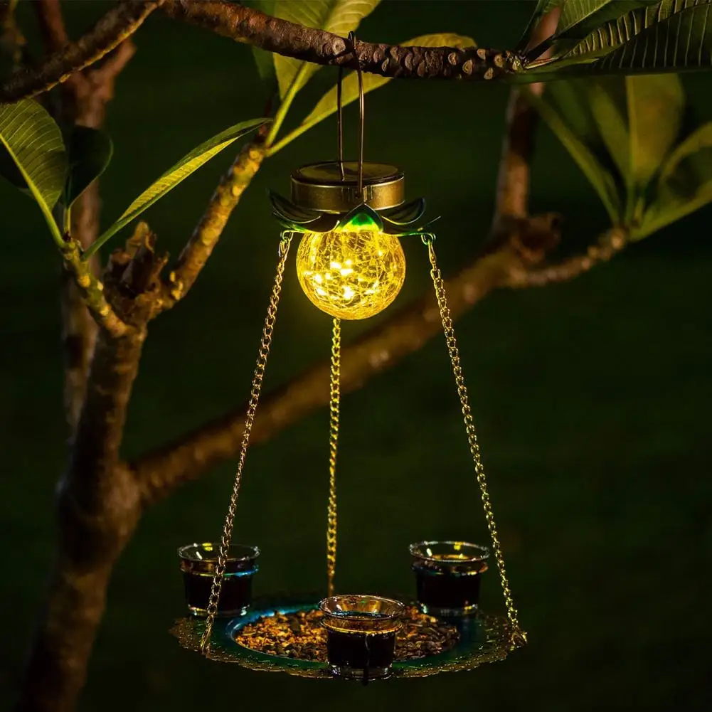 

Solar Bird Feeder Waterproof Solar Light Wild Bird Feeder Hanging Tray With 3 CupS Solar LED Light For Outdoor Yard Garden Decor