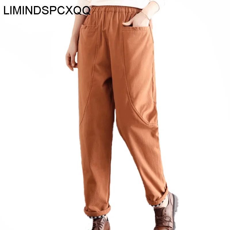 

LIMINDSPCXQQ Winter Womens Loose Solid Design Harem Pants Korean Style Ladies Vintage Casual Padded Trousers Elastic Pantalons