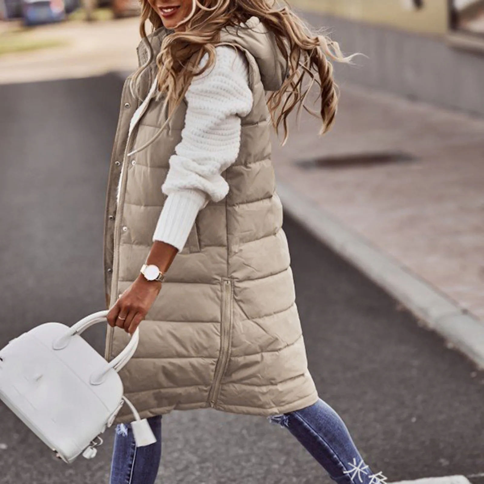 

Женское длинное зимнее пальто, теплый пуховик, жилет с капюшоном, без рукавов, с карманами, стеганый пуховик, стеганая уличная куртка