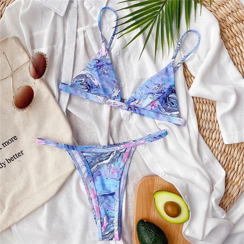 

Tie dye triangle bikini 2020 Retro women's swimsuit female Marble printed sexy bikini set Push up swimwear High cut bathing suit