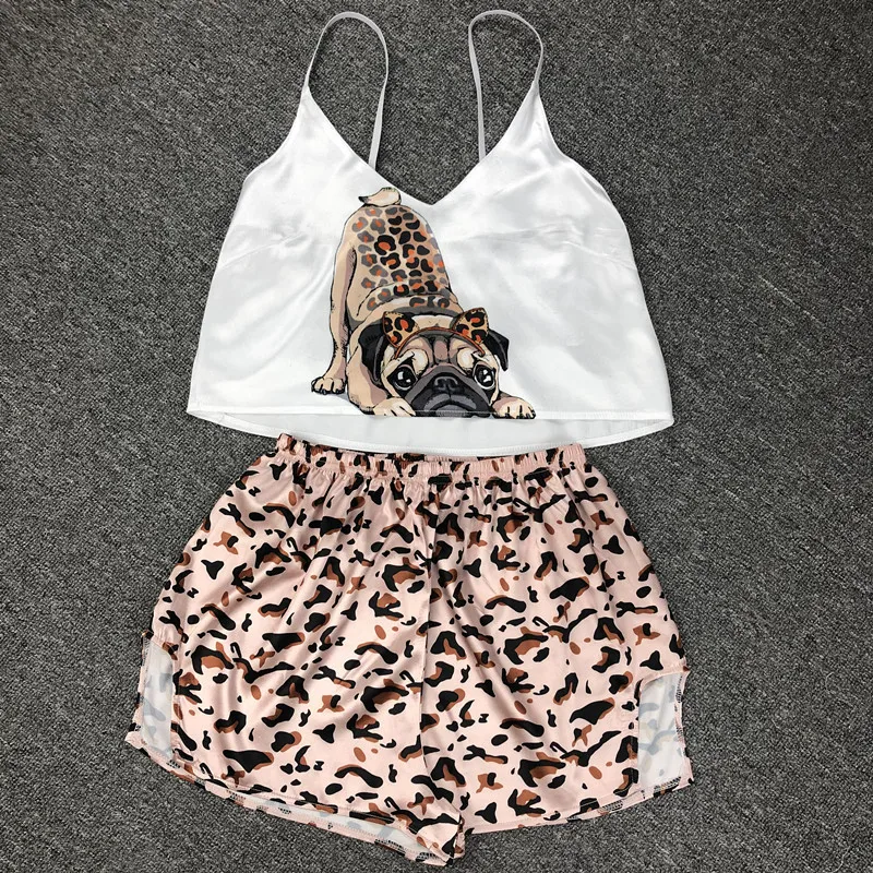 

2PCS Sleepsuit Set Flamingo Pajamas for Woman Silk Sexy Pijamas Satin Pyjama Femme Fox Print V Neck Home Suit Sleepwear Dropship