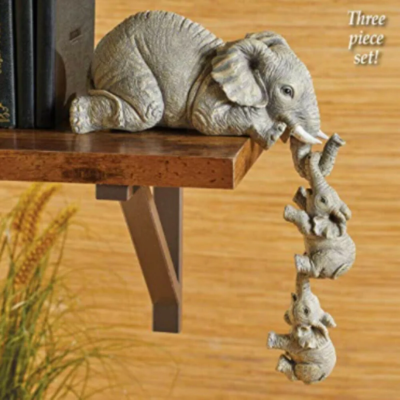 

Mother Love Elephant Handicraft Statues Resin Elephant Sitter Figurines Mother & Two Babies Table Edge Hanging Decor