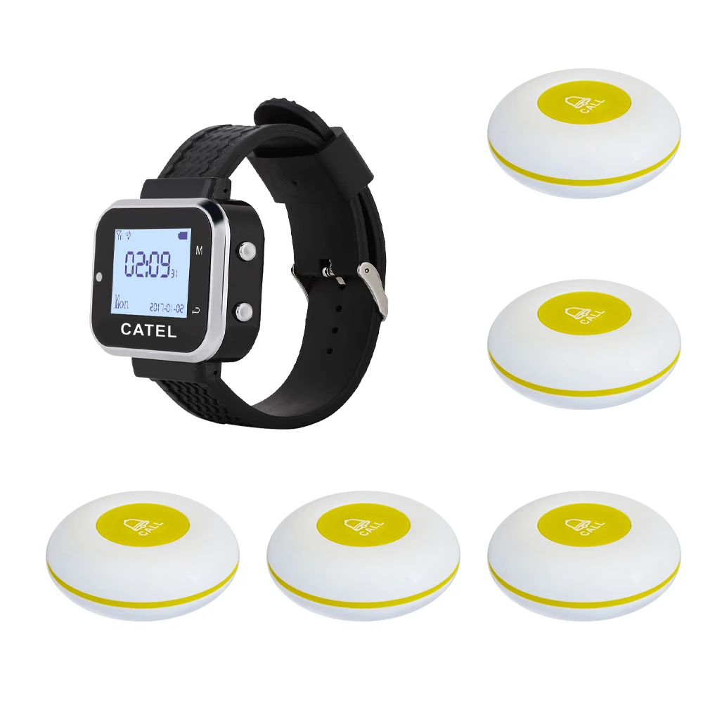 CATEL Waterproof 5 Call Button Transmitter 1 Watch Pager Wireless Calling System for Restaurant Waiter Service Bell Buzzer