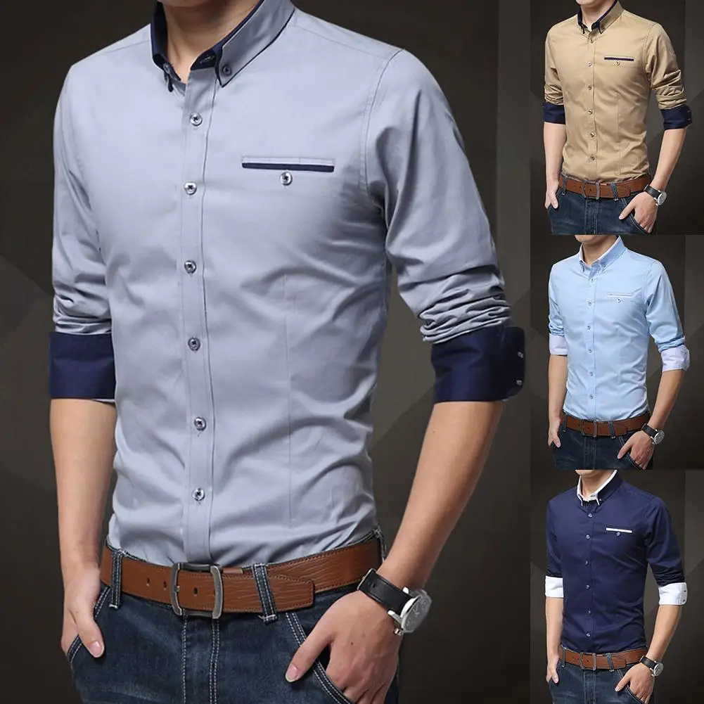 

Business Men Solid Color Long Sleeve Color Block Cuff Slim Buttons Down Shirt Plus size fits most people to wear perfect gifts