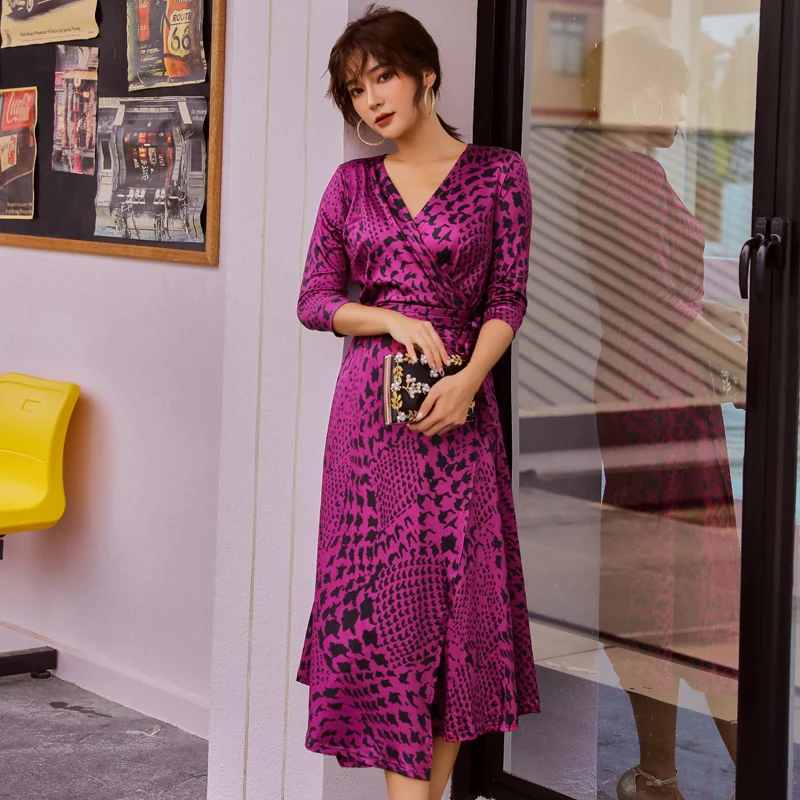 Новое Женское весеннее Платье с принтом v-образным вырезом женские повседневные