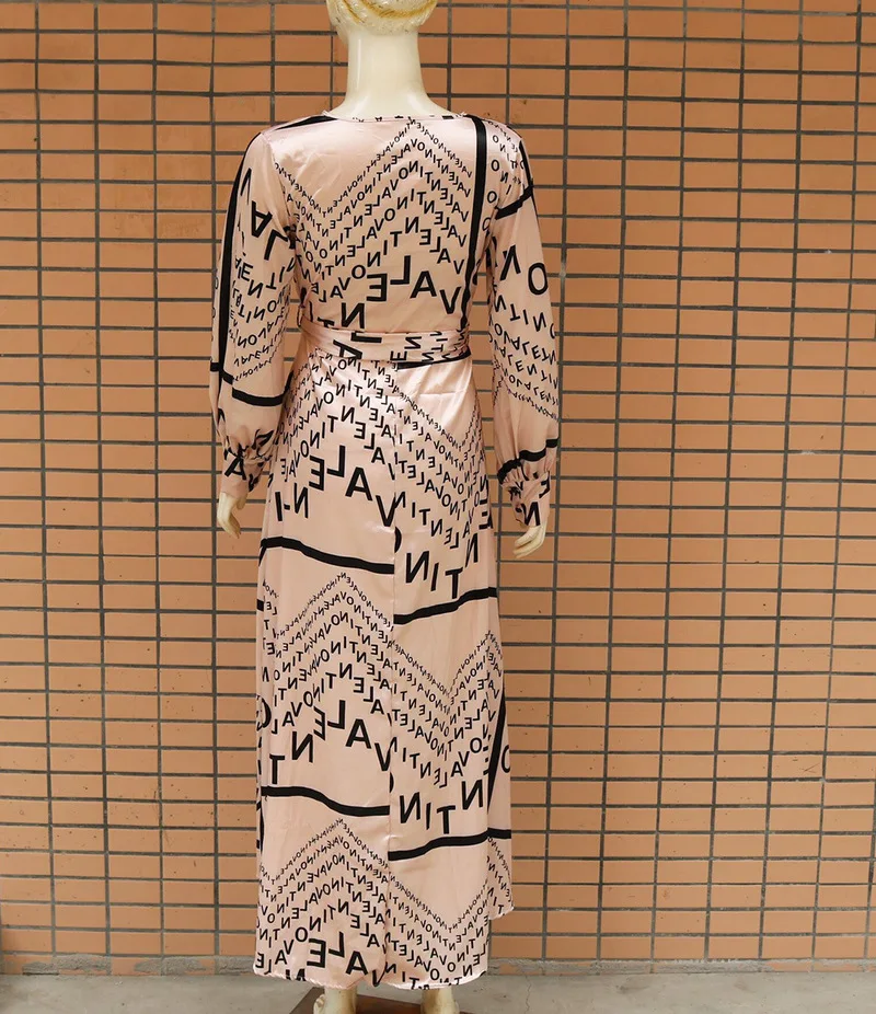 

Letter Print V-Neck Thigh Slit Maxi Dress Women Long Sleeve Elegant Dress Female Casual Long Dresses