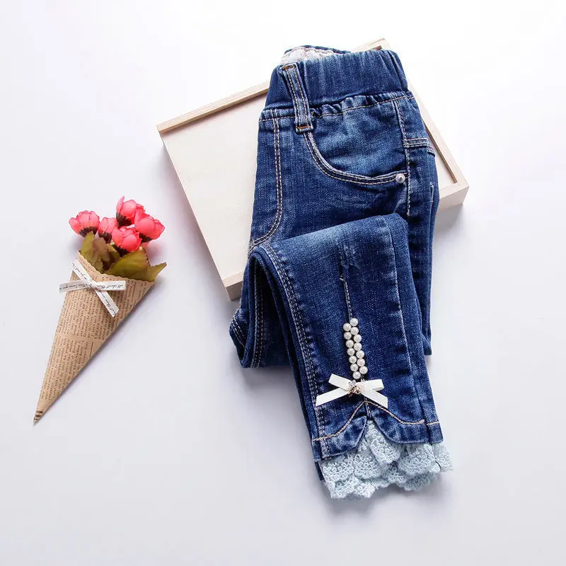 

2021 Spring And Autumn New Girls Denim Trousers Korean Fashion Lace Middle-Aged Children Elastic Mid-Waist Slim Pants