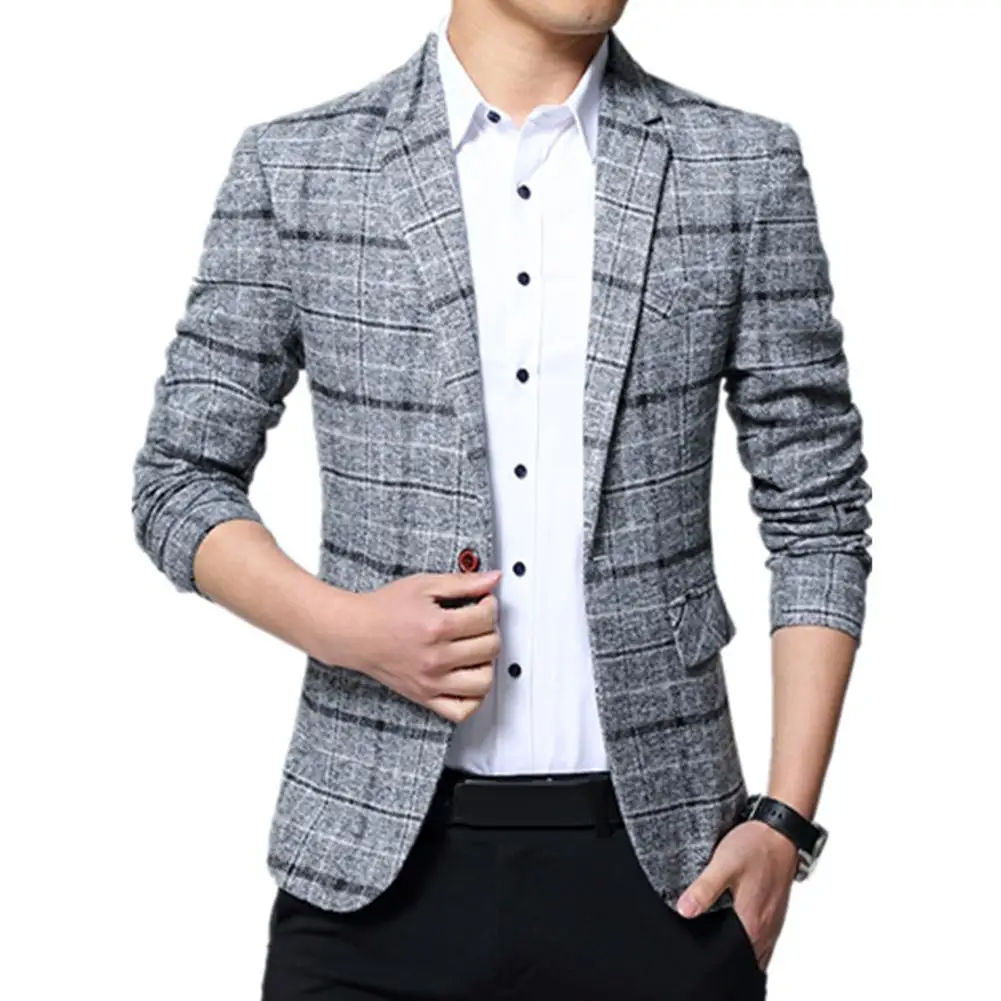 

Fashion Men Blazers Business Plaid Lapel Fashion Fit Blazer Jacket Coat One Button Business Suit костюм мужской 2021