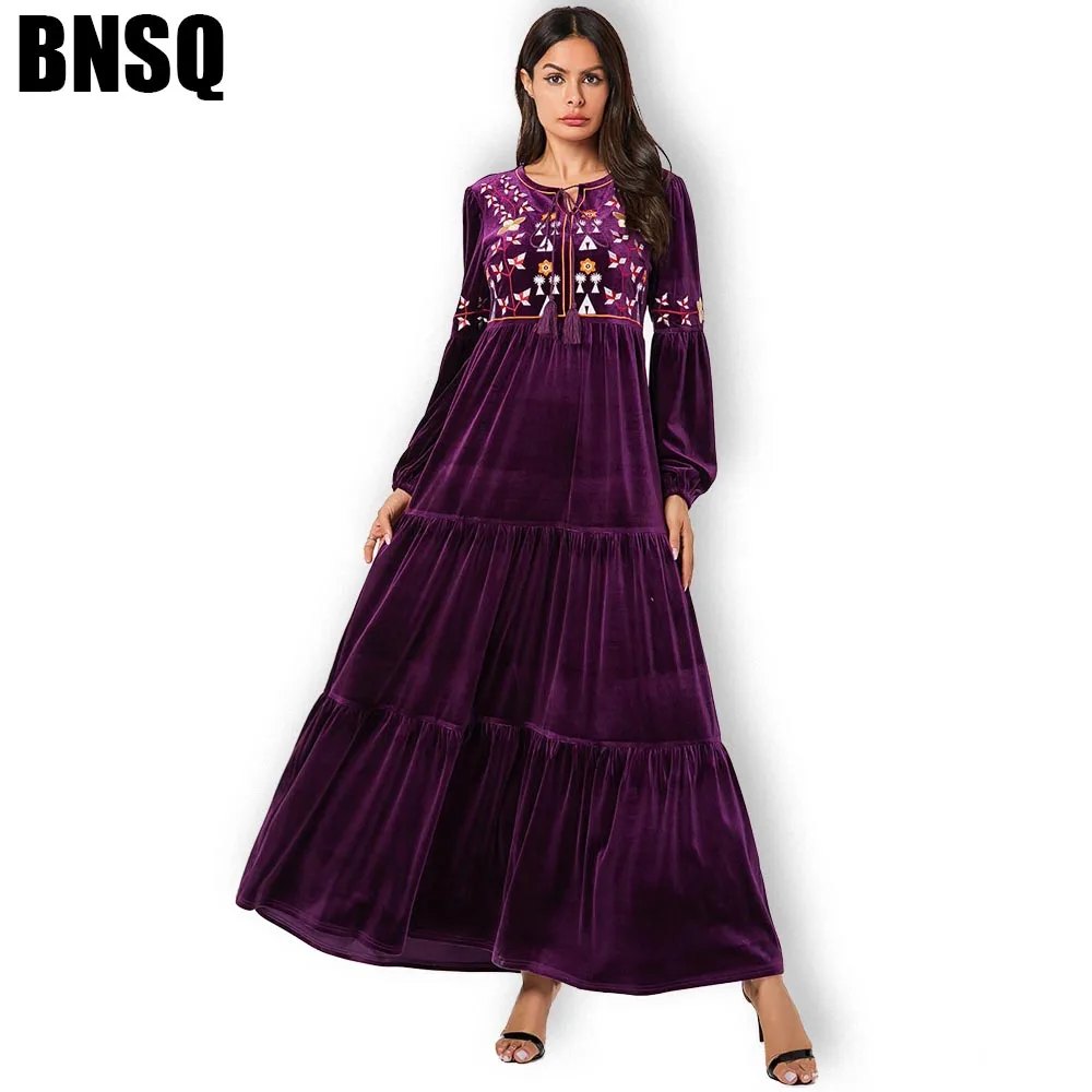 

BNSQ Maxi Velvet Embroidery Muslim Abaya Dress Women Clothes Caftan Marocain Party Vintage Umbrella Cocktail Long Draped Dress