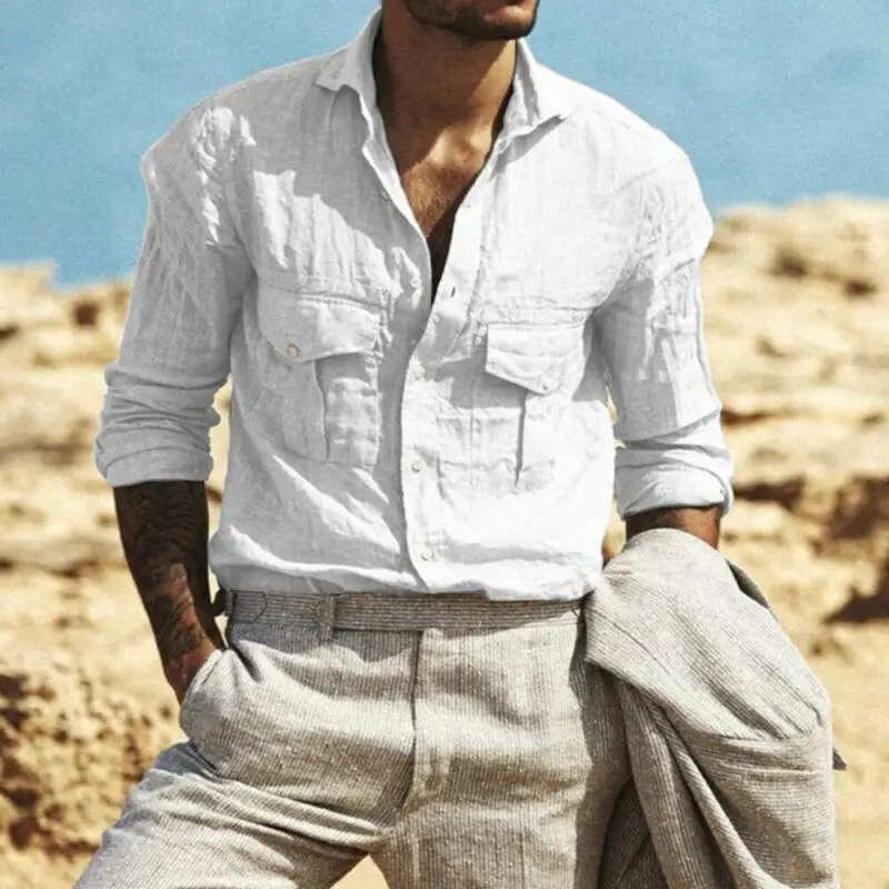 

Cotton Line Shirts for Men Long Sleeve Fashion Mens Clothing Solid Button Shirts Collar Pockets Casual Shirts