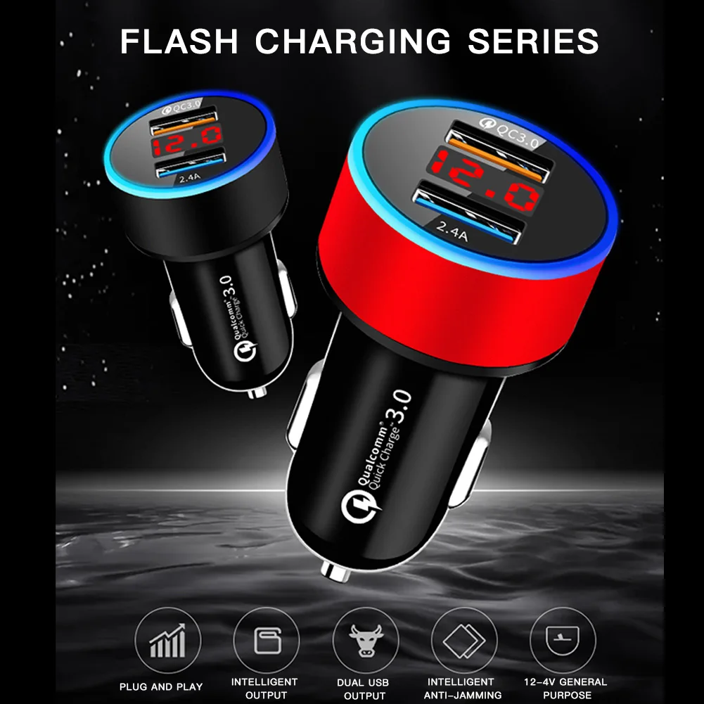 

QC3.0 Fast Charging Car Charger Dual USB 2.4A Auto USB Charger Adapter with LED Display Interior Accessories
