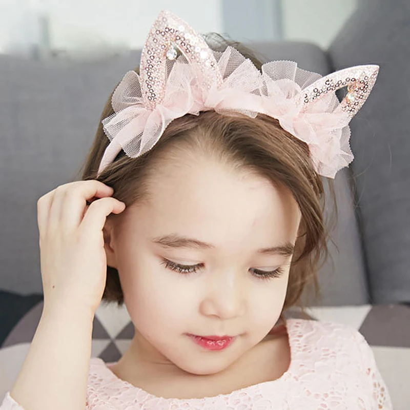 Милая Кружевная повязка с кошачьими ушками и блестками аксессуары для волос