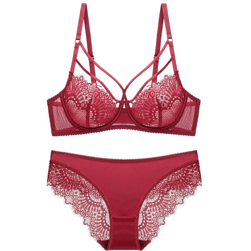 

New European and American Sexy Lace Bra Large Bust Small Breathable Sponge-Free Transparent Underwear Suit Large Size Gathering