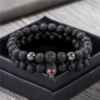 8mm black lava stone beads mens bracelet set luxury skull handmade bracelet femalejewelry pulsera hombre armband accessories