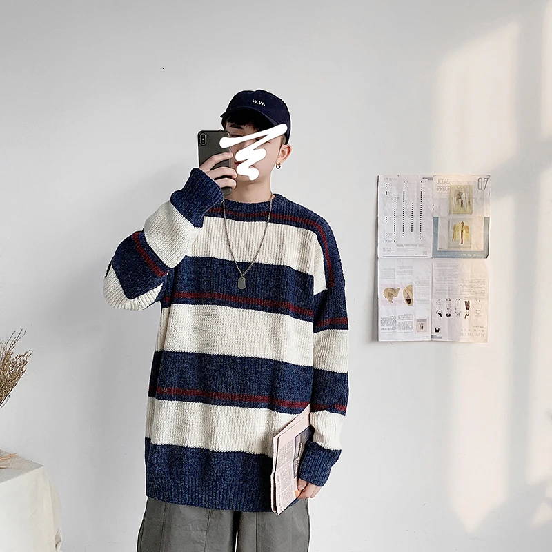Зимний полосатый свитер мужской теплый модный Контрастный ЦВЕТНОЙ Повседневный