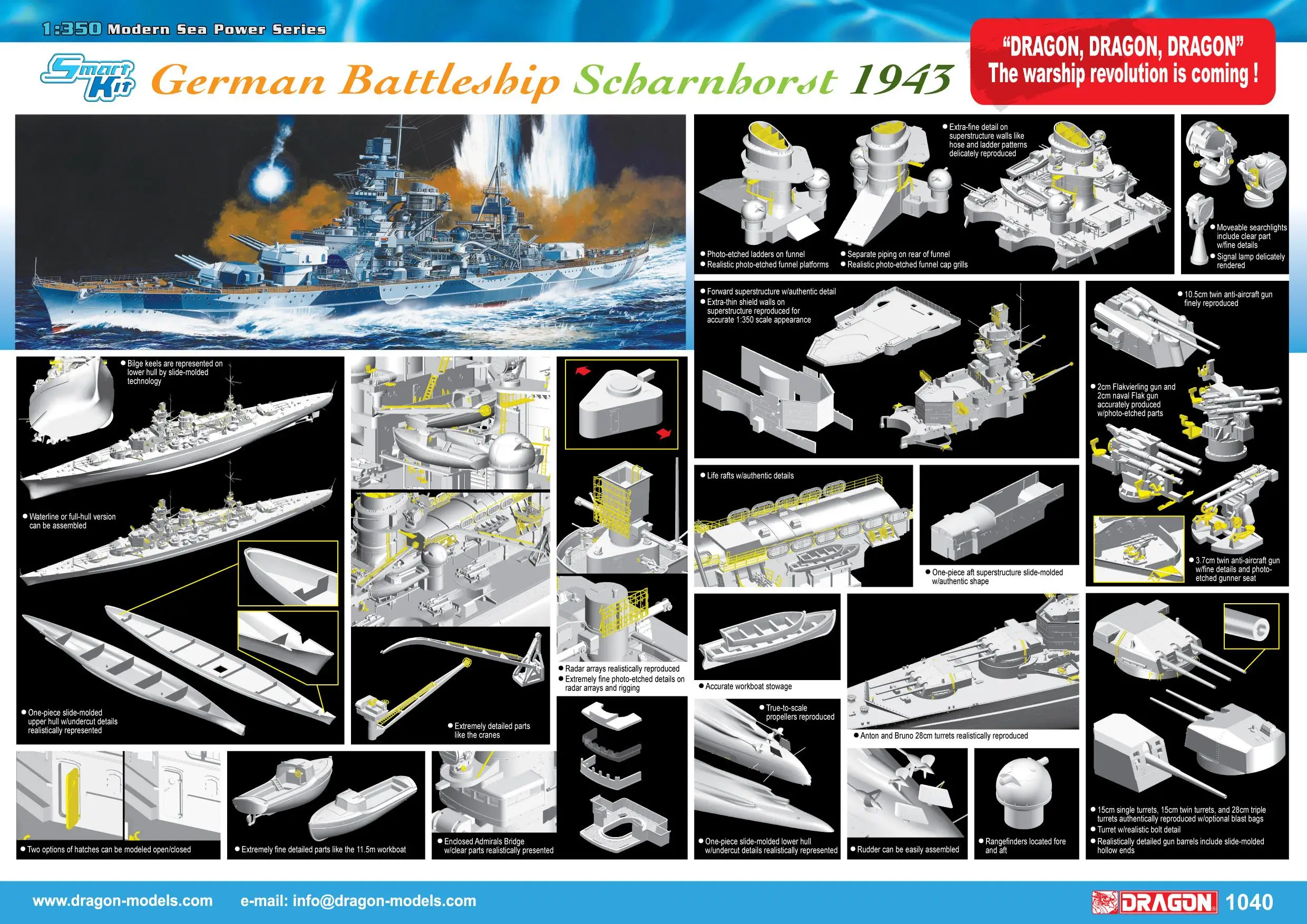 Dragon 1040 1/350 Scale German Battleship Scharnhorst 1943 Model Kit