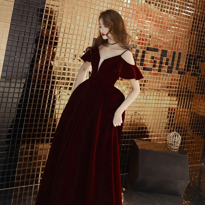 Vestido largo de fiesta de terciopelo rojo vino, elegante vestido de princesa de lujo, talla grande 3Xl, vestido de mujer