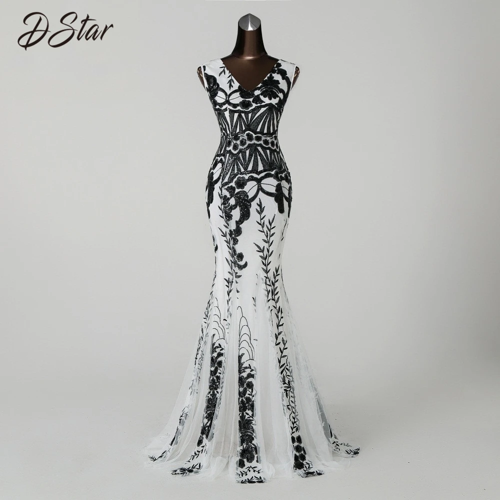Элегантное Черное/Белое платье русалки с блестками и черным цветком Вечернее