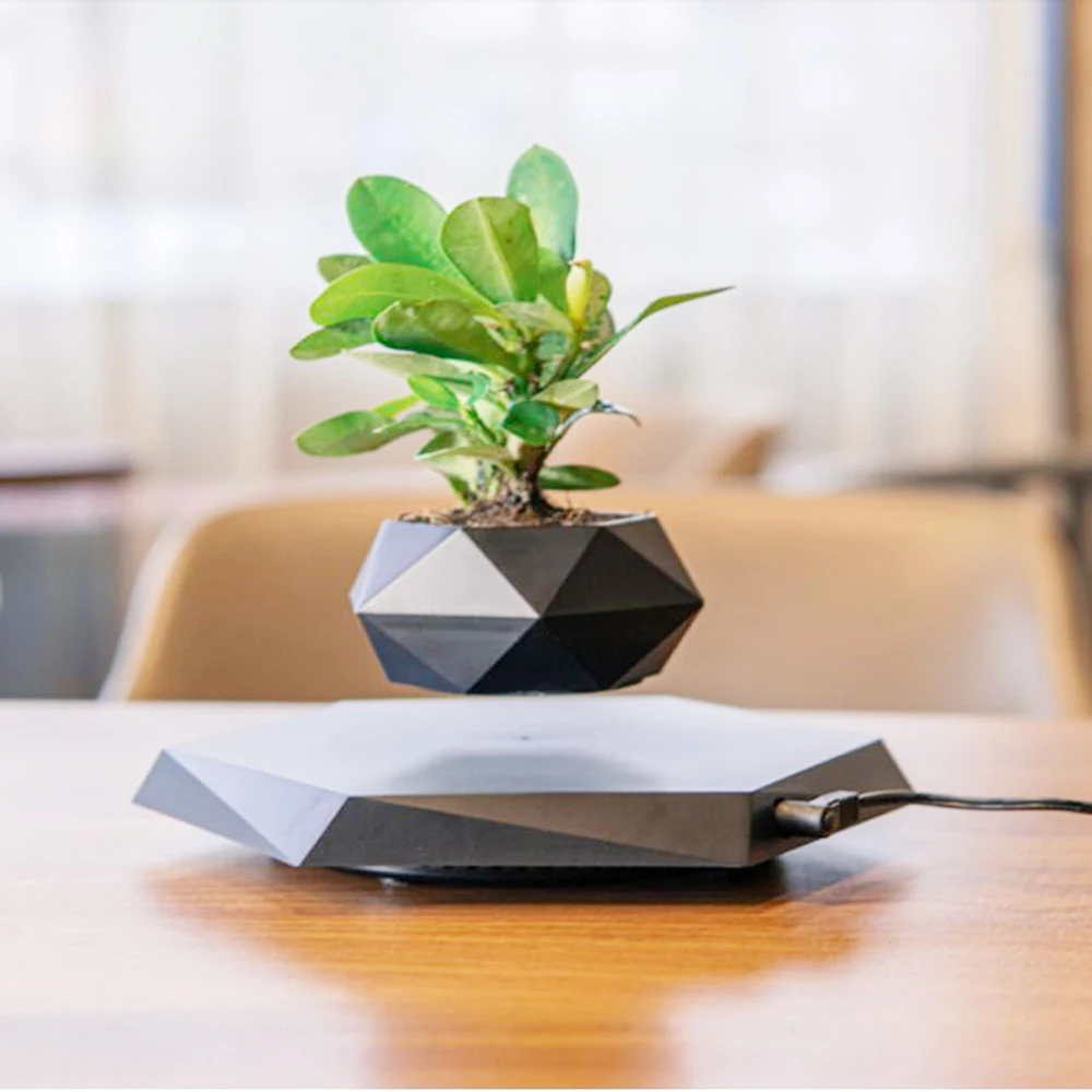 

Christmas Gift Magnetic Levitating Flower Pot Air Plant Pot Elegant Black Rotation Floating Planter Potted For Home Decor Gift