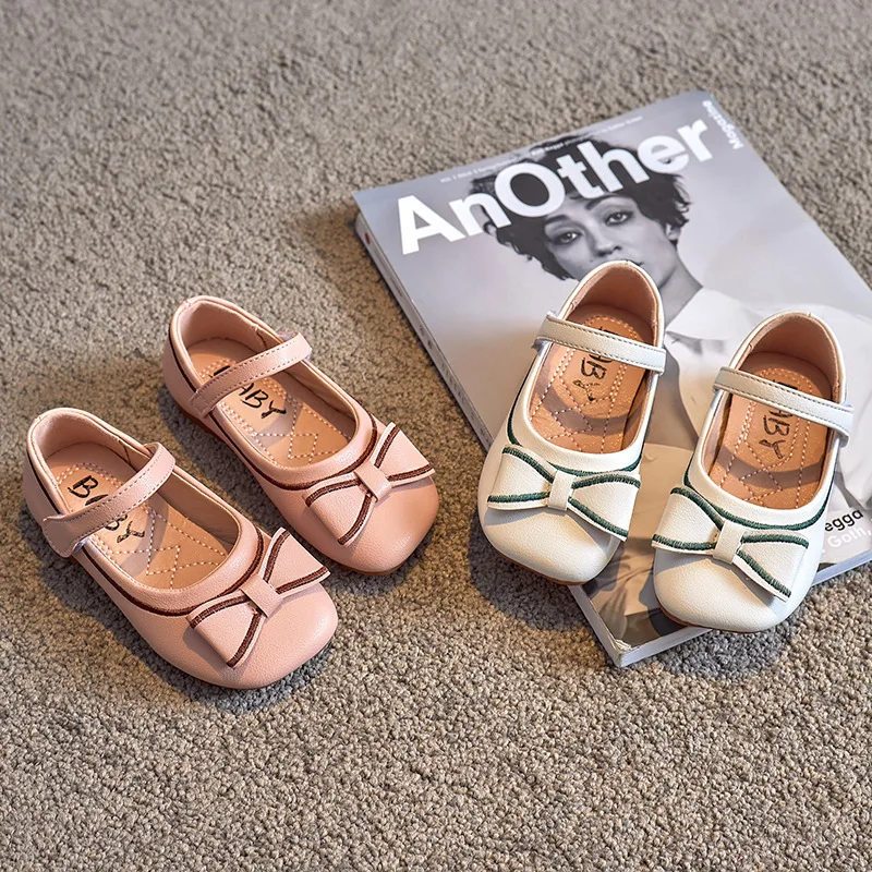 

Girls Leather Shallow Bow Solid Dress Shoes for Party Wedding Shows Kids Fashion Princess Korean Flat Children Mary Jane 2022