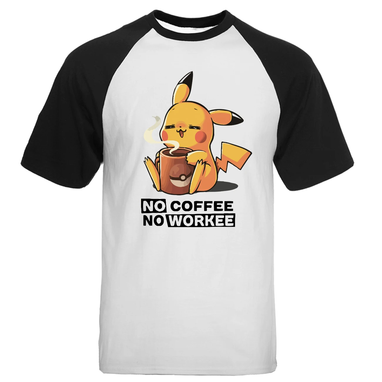 Pikachu No coffee No Workee, Мужская Футболка реглан, Kawaii, летние топы из хлопка с коротким рукавом, свободные милые футболки с японским аниме