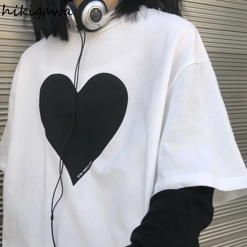 

Hikigawa Shirts Women Spring Casual Contrast Color Fake Two-piece Tshirt Korean Harajuku Fashion Loose Long-sleeved Tees Tops