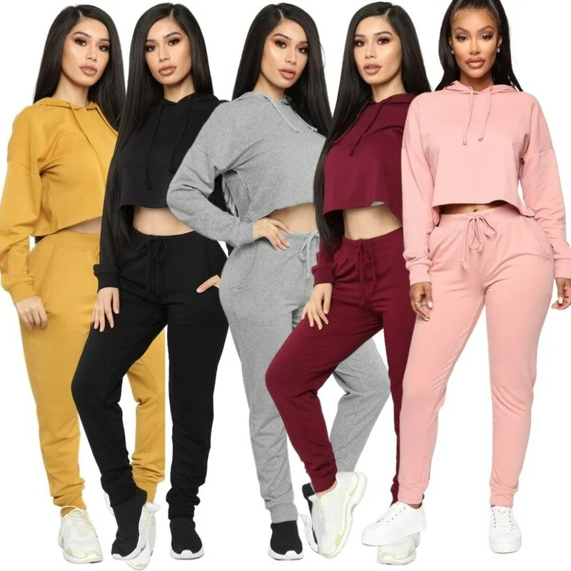 

Женский костюм весна-осень 2021, Модный женский однотонный укороченный пуловер и брюки, комплект из двух предметов, облегающая повседневная ж...