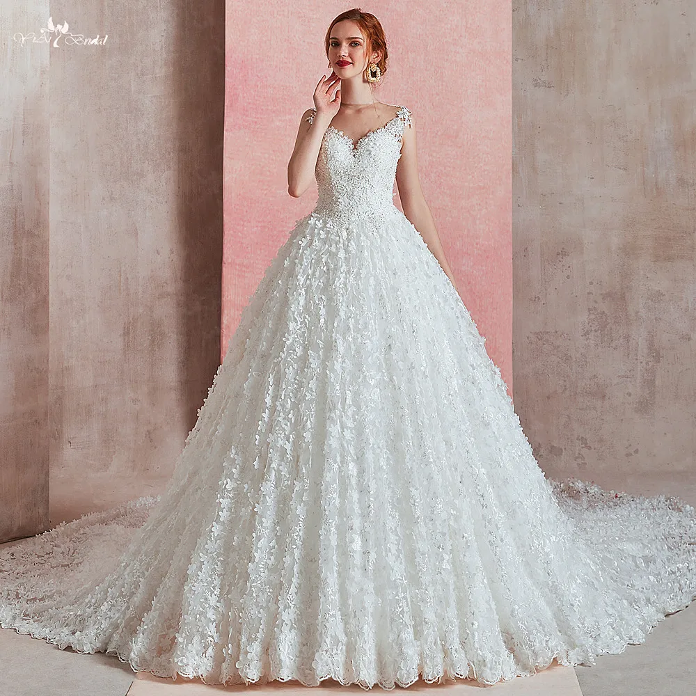 RSW1584 Vestido de Noiva без рукавов кружева 3D Цветы Пышная юбка Сексуальная Иллюзия спина свадебные платья и платья