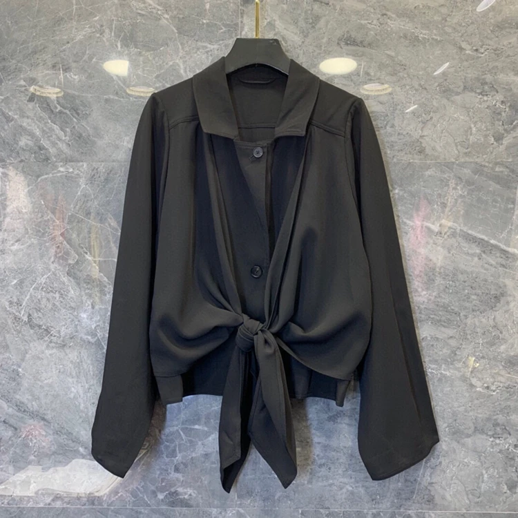 

2020 autumn and winter new women's fashion lapel hem knotted decoration solid color fake two-piece shirt 1111