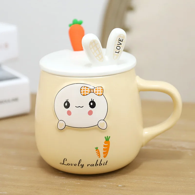 

500ml Creative Rabbit Ceramic Mugs with Lid Spoon Cute Milk Breakfast Cup Student Cartoon Girl Office