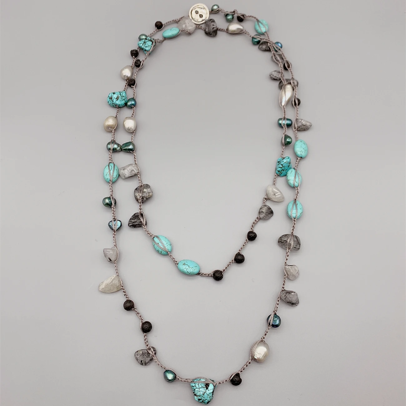 

FoLisaUnique Teal Potato Gray Baroque Pearls Turquoise Necklace For Women Girls Gift Braided Crocheted Long Necklace Lava Rock