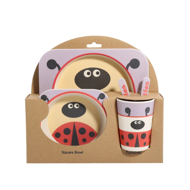 Beetle Set 5 шт./компл. Детские тарелка посуда с изображением мультипликационных персонажей для детей, посуда для кормления c изображением животных, из детская натурального бамбукового волокна посуда с чаша Вилка чашка Ложка пластина - Цвет: Beetle Set