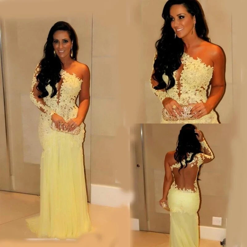 

Prom Dresses Yellow Mermaid Lace Long Sleeve Sheer Chiffon Evening Gowns Long Celebrity Red Carpet Dresses One Shoulder