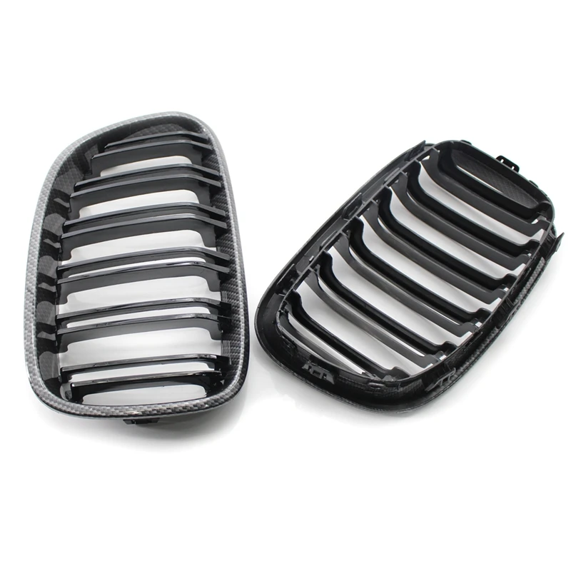 

2X Glossy Black Carbon Fiber Front Grill Double Line Kidney Grille FOR-BMW F20 F21 1-SERIES 2011-2015
