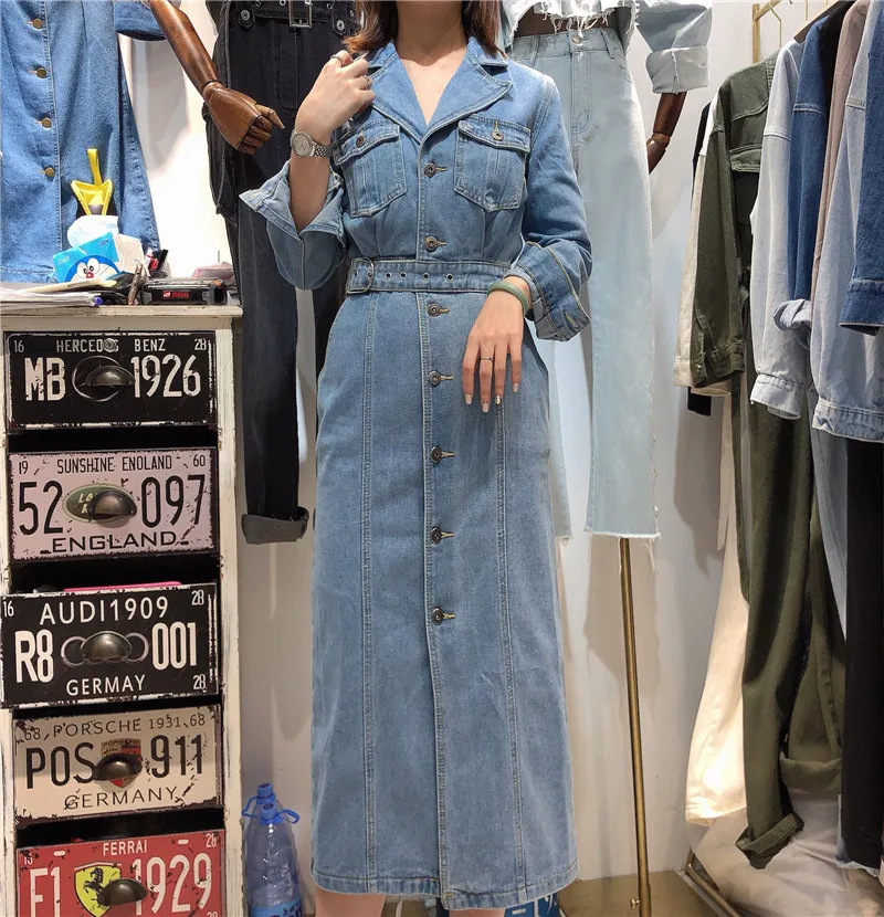 Женское облегающее джинсовое платье Элегантное синее с длинным рукавом и поясом