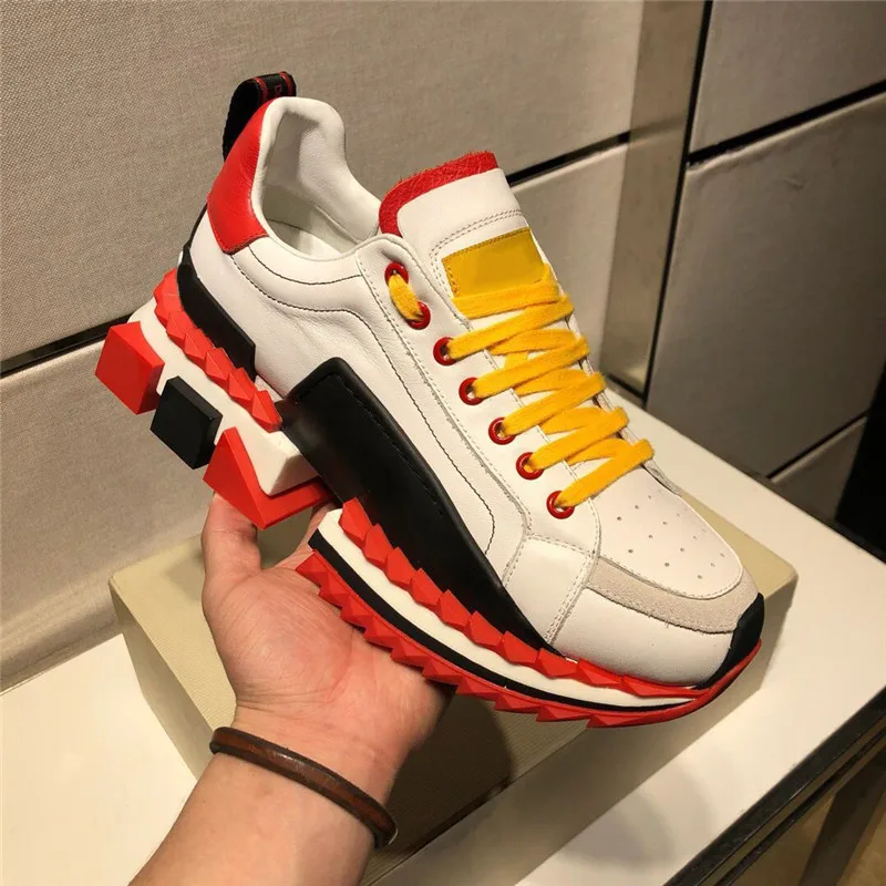 splice color lace-up high quality super king sneakers Genuine Leather with red rubber sole design Height Increasing | Обувь