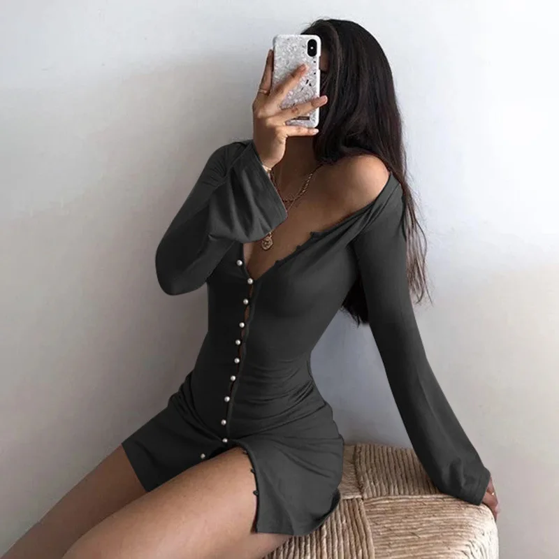 

2020 Summer Autumn Women Long Sleeve Mini Shirt Dress Button U Neck Waist Collection Blouses Dress sexy dress