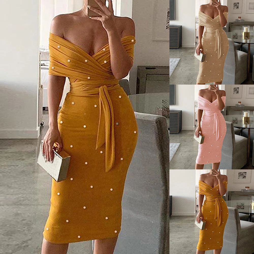 CALOFE модное женское платье с бисером открытыми плечами сексуальное тонкое