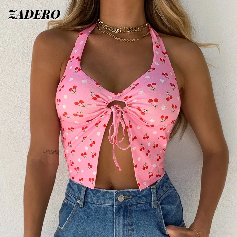 

Crop Top Y2K Chic Lady Ring Tanks Backless Halter Tie Front Top Women Sleeveless Tank Tops Summer Hollow Out Lace Up Bodycon