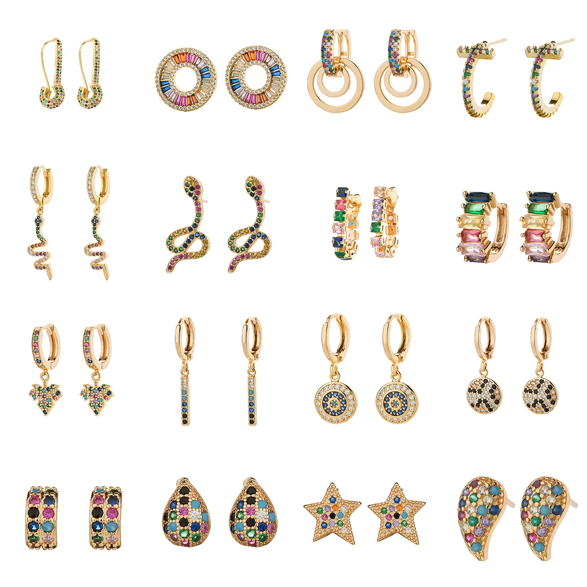 Женские серьги гвоздики с радужным цирконием круглые геометрические золотистые