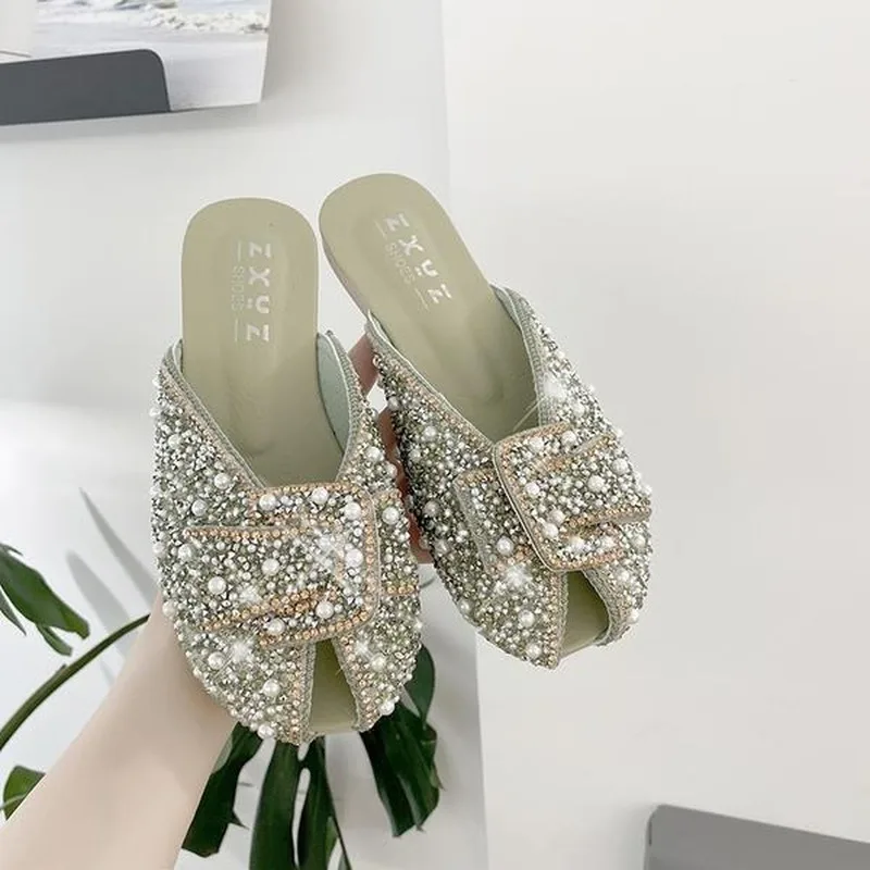 

New Women's Shoes Slippers Flat Peep Toe String Bead Slides Fashion Low Soft 2021 Luxury PU Rome Rubber Women's Flat Shoes