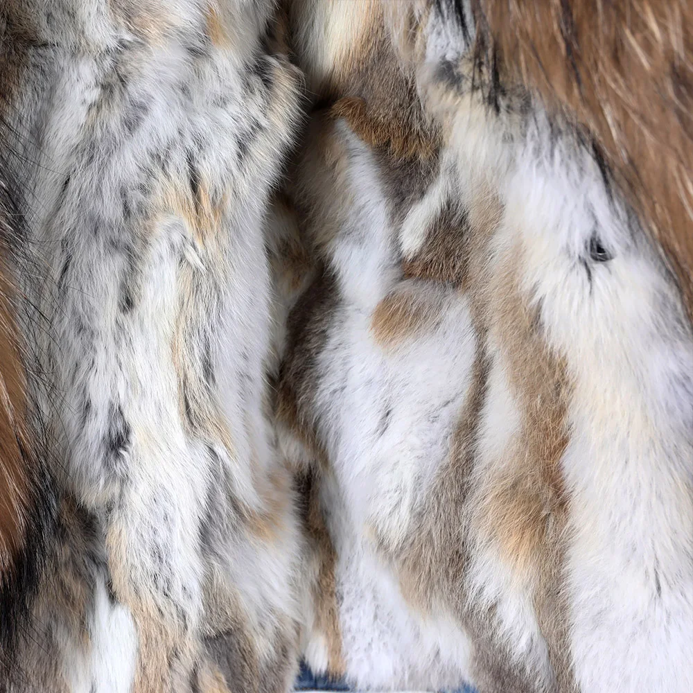 

Fur big fox fur collar denim winter jacket loose rabbit fur detachable lining Parker leather jacket women fur coats