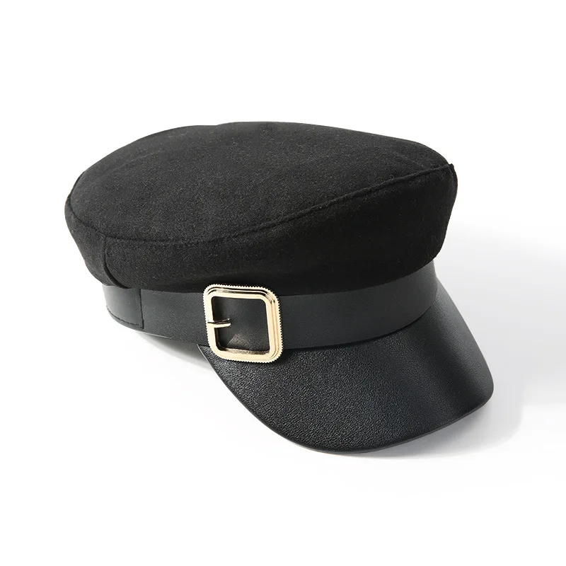 Military Hat Fashion PU Leather Spring Cotton Sailor Hat For Women Belt Buckle Black Grey Flat Top Beret Newsboy Cap Captain Cap