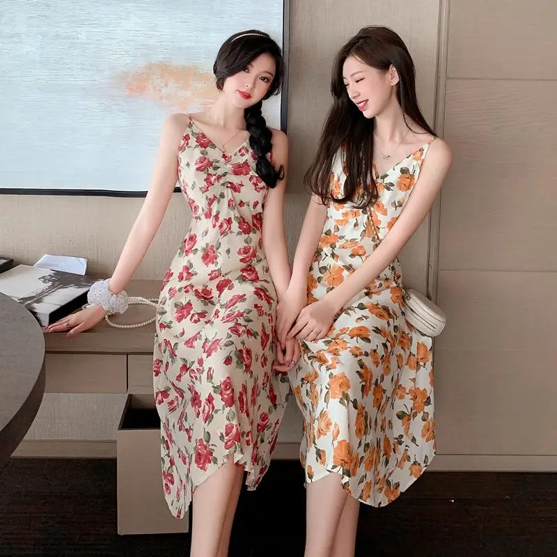 Летнее художественное ретро платье с цветочным принтом женское на талию тонкое