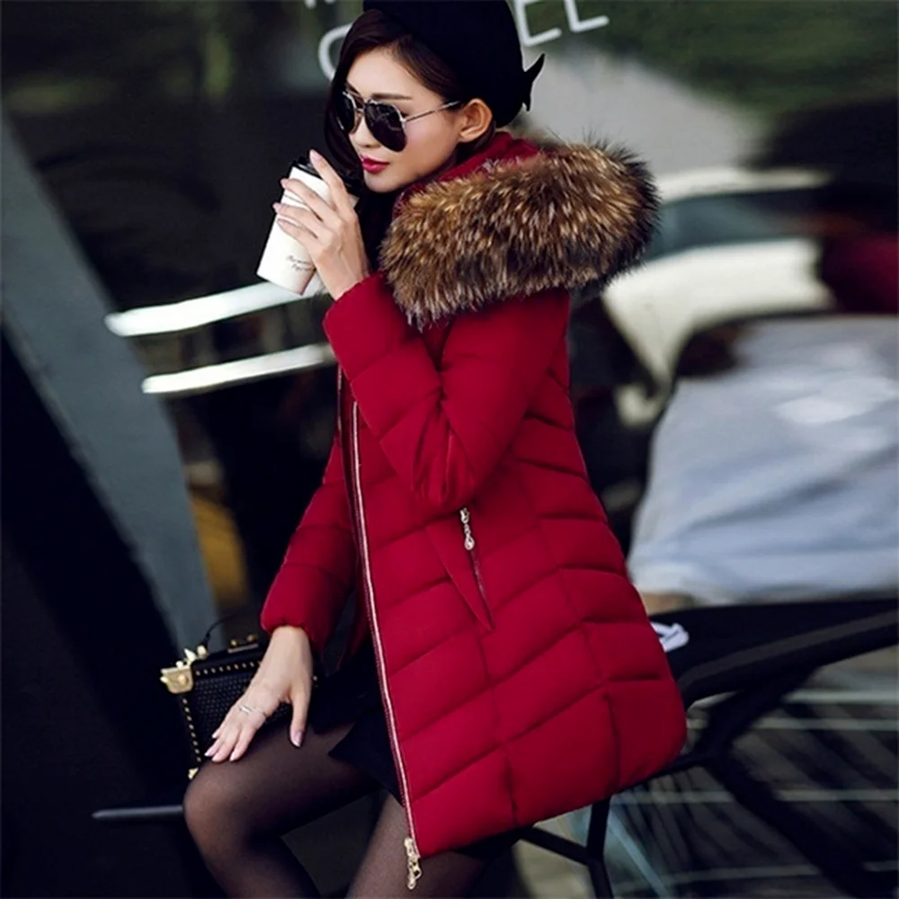 ZOGAA Winter New Women's Cotton Coat Long Section Slim Cotton Jacket Large Fur Collar Down Cotton Coat