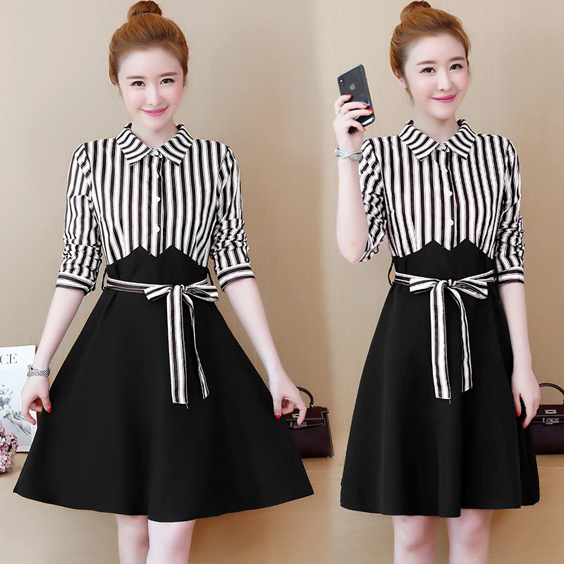 Trytree Spring Summer Dress Casual A-line Women Patchwork Stripe Shirt dresses Sashes Above Knee Turn-down Collar | Женская одежда
