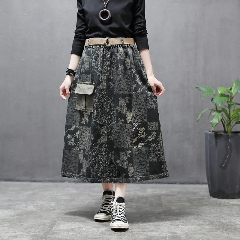 Джинсовая юбка в стиле ретро с принтом длинными свободными рукавами